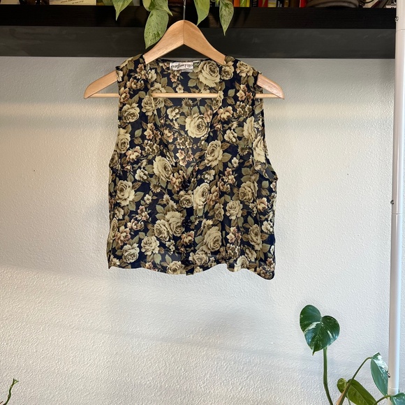 Vintage Necessary Objects Sheer Floral Vest | 90s Sleeveless Crop Top | Medium - Picture 1 of 6